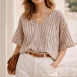 TONLE | Handwoven Textural Veha Top in Navy Blue/Palm Tan XL